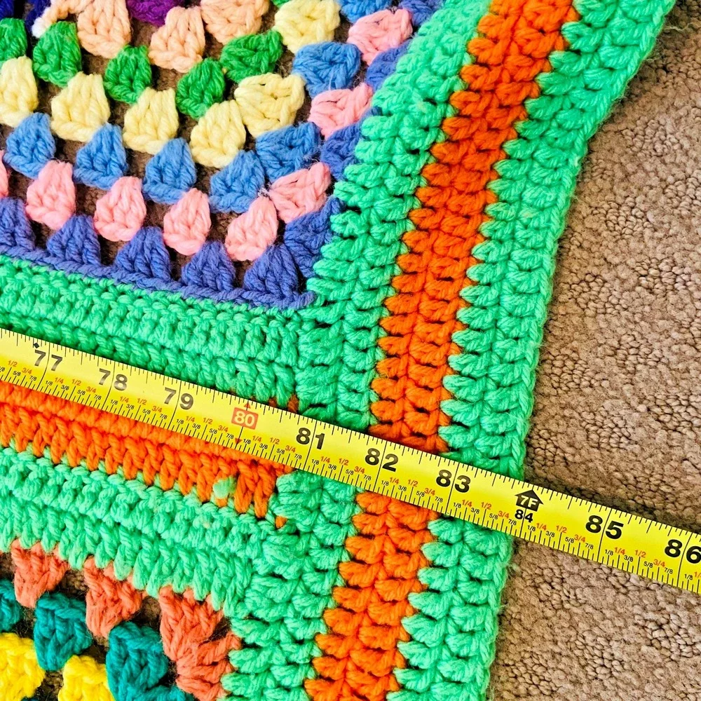 Vintage Hand Knit Afghan Granny Square Colorful Twin Blanket 84